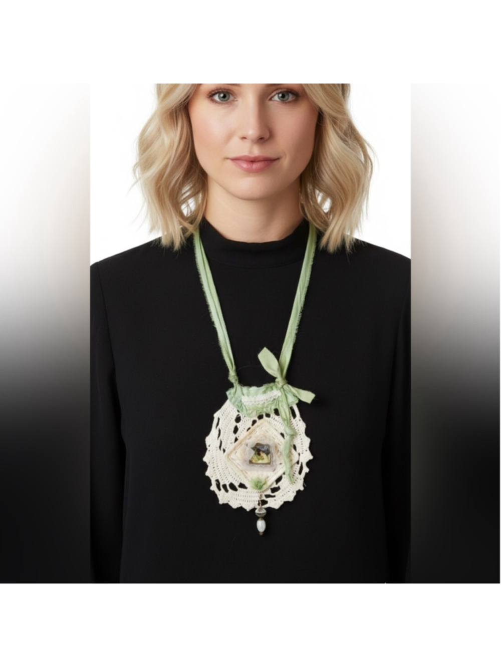 Handmade Boho Jabot Lace Art Pendant Necklace Victorian Cottagecore